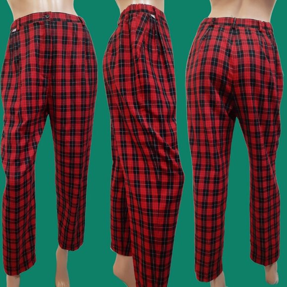 Vintage 90s Red Black Plaid Pants High Waisted Pleated Front Tapered Leg Size S - Picture 1 of 10